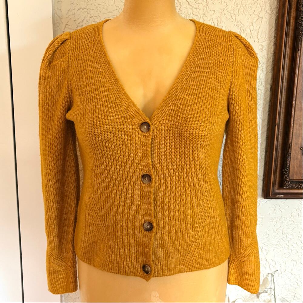 Mustard Gold Ribbed KnitPuff Sleeve Cardigan Sweater Women’s Medium by 1.STATE